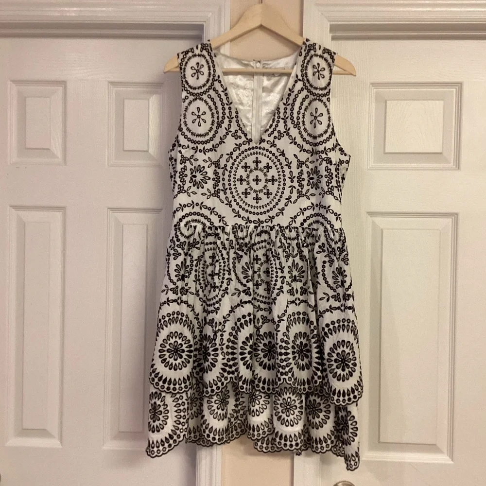 Express Black & White Embroidered Eyelet Tiered Fit & Flare Dress - Picture 3 of 12